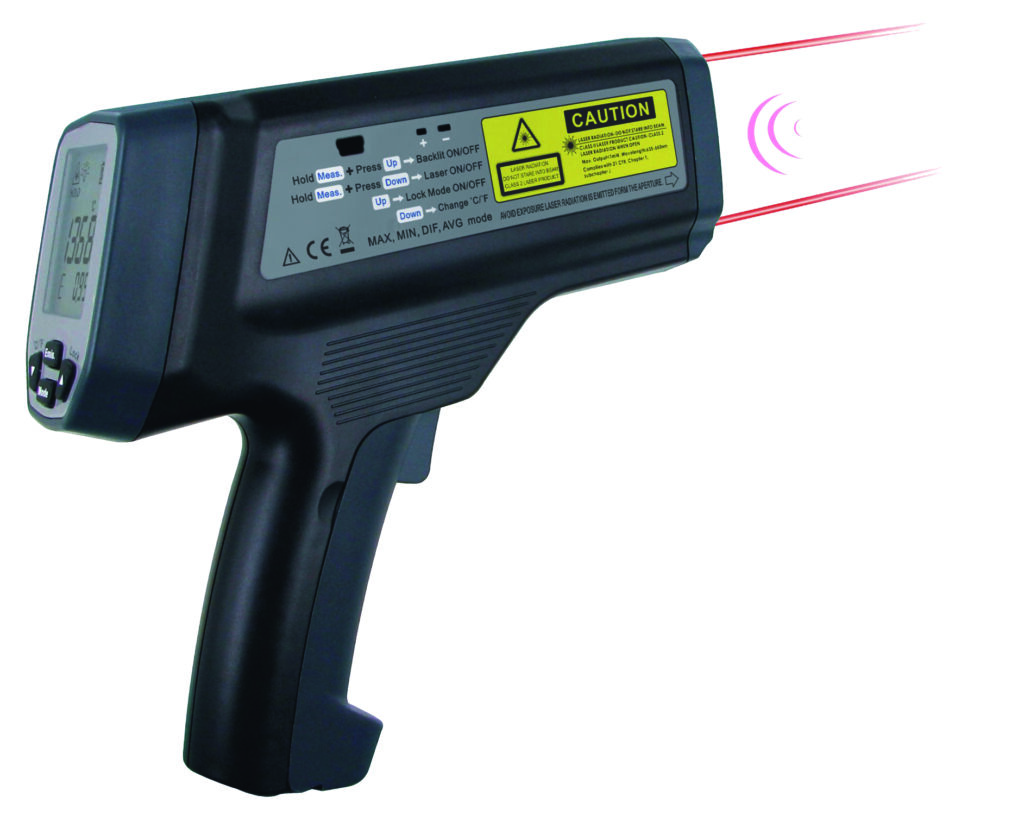 novasens HighTemp520 infrared thermometer with integrated laser pointer function. The laser pointer function is aligned in such a way that it displays the size of the measured object between the laser markings, depending on the measuring distance.